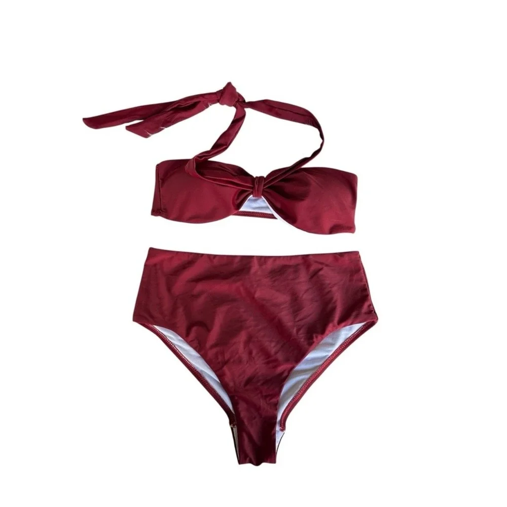 Womens Bikini Swimsuit Red High Waisted Bandeau Halter Knot Top Beach Medium